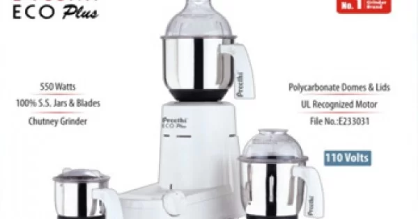 Preethi Steele 3-Jar Mixer Grinder 550 Watt Motor 110-Volts